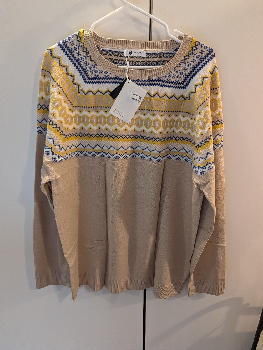 Runcati Men’s XXL Fair Isle Crewneck Sweater in Beige and Yellow NWT